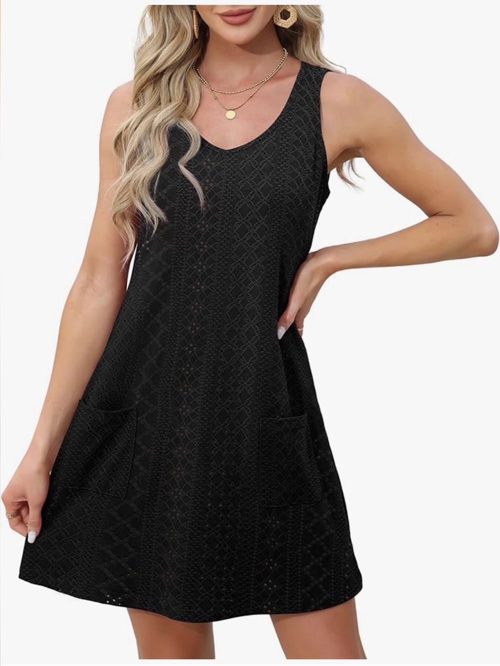 Summer Sleeveless Little Black Dress Textured with Pockets